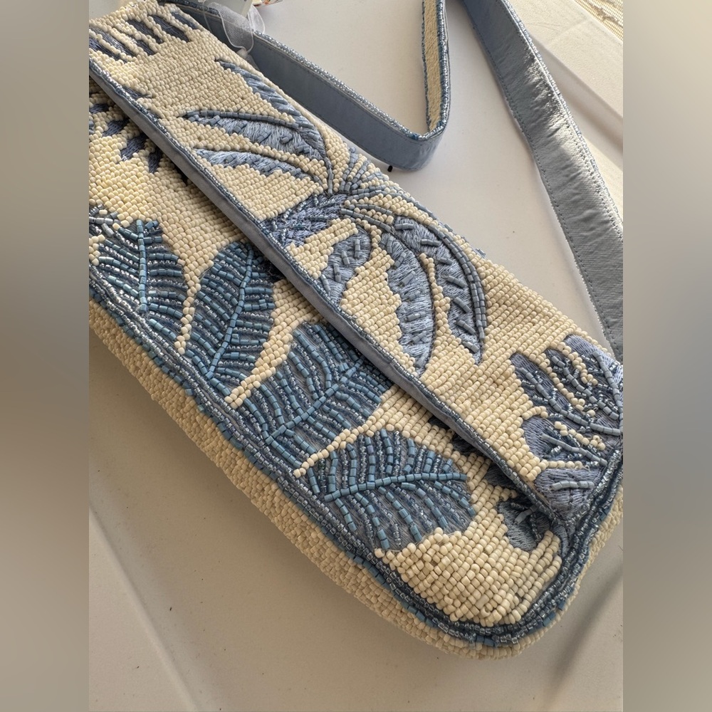 Viral beaded bag palms Chic Blue and White Embroidered Clutch